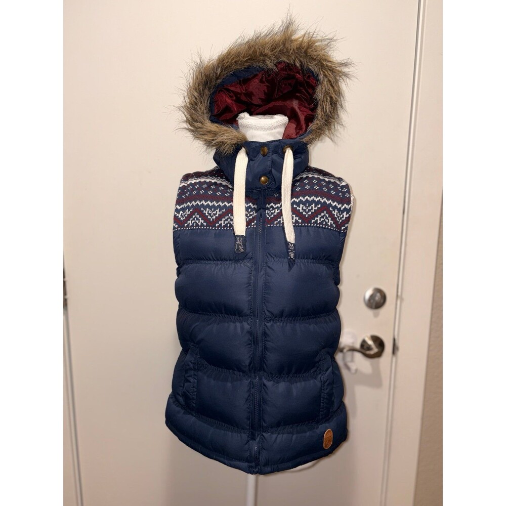 Tokyo Laundry Women's Puffer Vest Navy Blue‎ Fair Isle Knit Fur Hood Size Small
